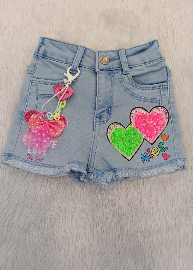 GIRLS SHORT CODE-A308 Girls' Heart Patch Embellished Denim Shorts with Decorative Charm
