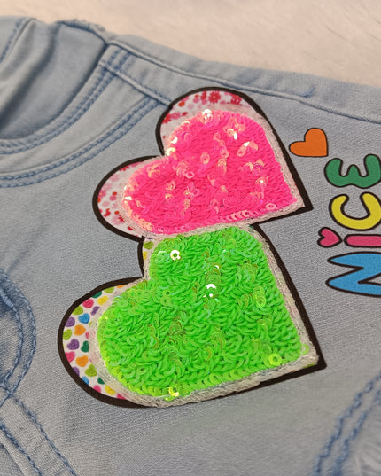 GIRLS SHORT CODE-A308 Girls' Heart Patch Embellished Denim Shorts with Decorative Charm