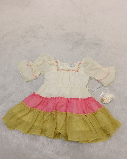 GIRLS FROCK CODE-A298 Girls Pink & Yellow Ruffle Dress with Floral Embroidery