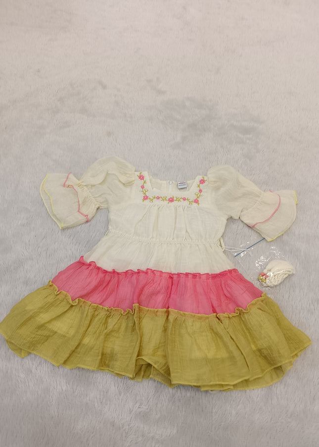 GIRLS FROCK CODE-A298 Girls Pink & Yellow Ruffle Dress with Floral Embroidery