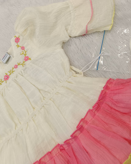 GIRLS FROCK CODE-A298 Girls Pink & Yellow Ruffle Dress with Floral Embroidery