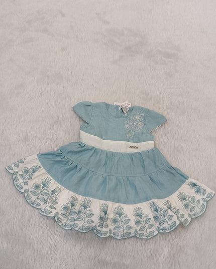 GIRL FROCK CODE-A299 Girls Blue Floral Embroidered Tiered Frock Dress | Cotton Party Wear Dress