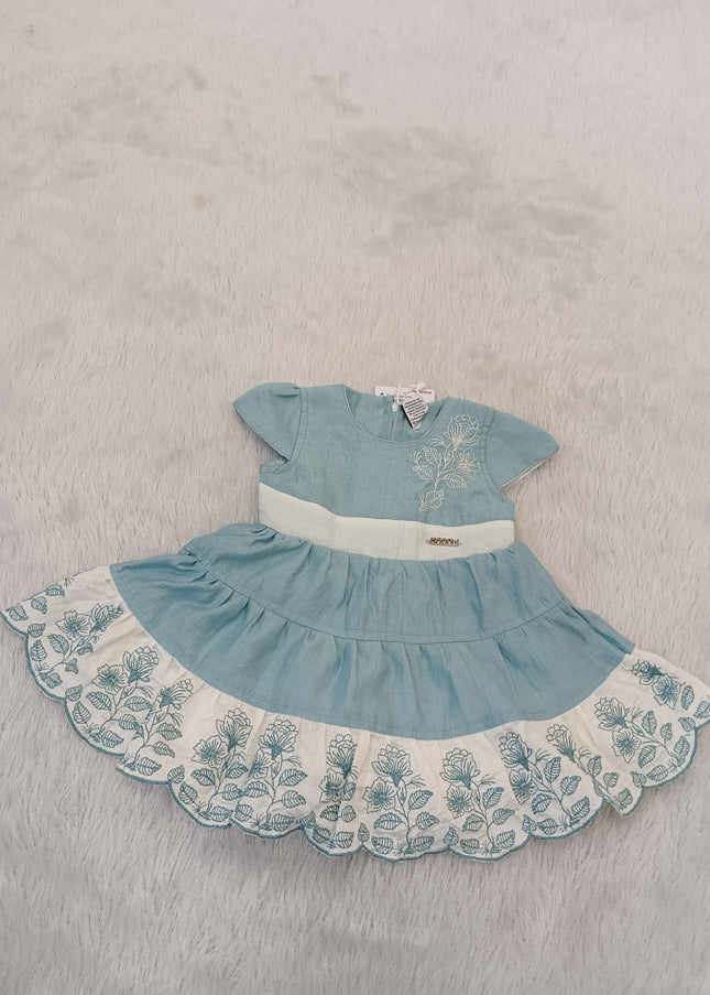 GIRL FROCK CODE-A299 Girls Blue Floral Embroidered Tiered Frock Dress | Cotton Party Wear Dress