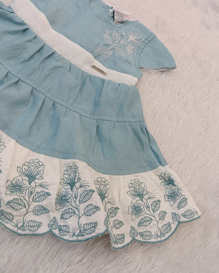 GIRL FROCK CODE-A299 Girls Blue Floral Embroidered Tiered Frock Dress | Cotton Party Wear Dress