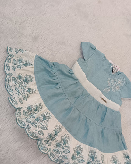 GIRL FROCK CODE-A299 Girls Blue Floral Embroidered Tiered Frock Dress | Cotton Party Wear Dress