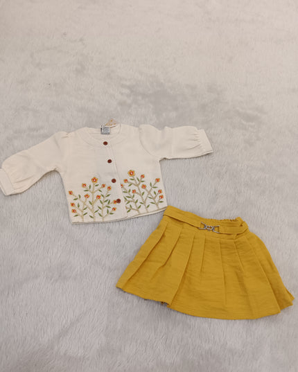 GIRLS SET CODE-A300 Girls Cream Embroidered Top with Mustard Pleated Skirt Set