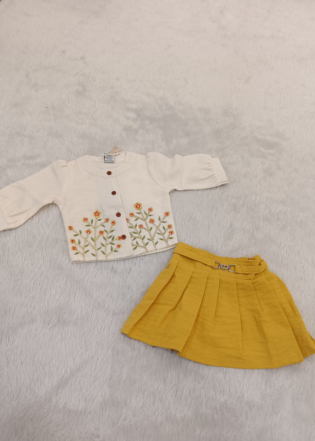 GIRLS SET CODE-A300 Girls Cream Embroidered Top with Mustard Pleated Skirt Set
