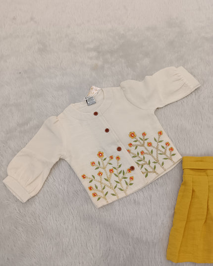 GIRLS SET CODE-A300 Girls Cream Embroidered Top with Mustard Pleated Skirt Set