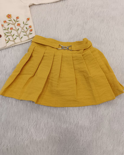 GIRLS SET CODE-A300 Girls Cream Embroidered Top with Mustard Pleated Skirt Set