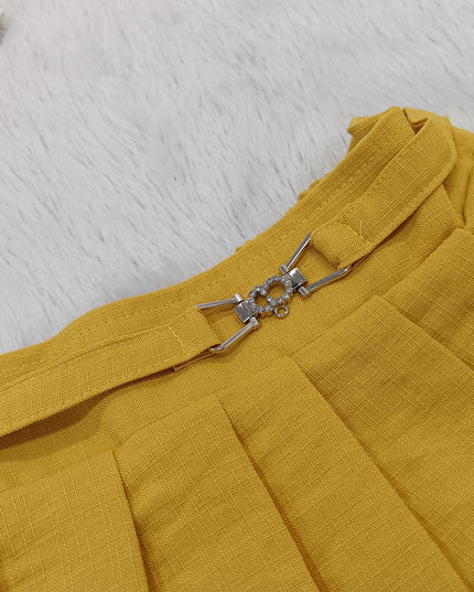 GIRLS SET CODE-A300 Girls Cream Embroidered Top with Mustard Pleated Skirt Set