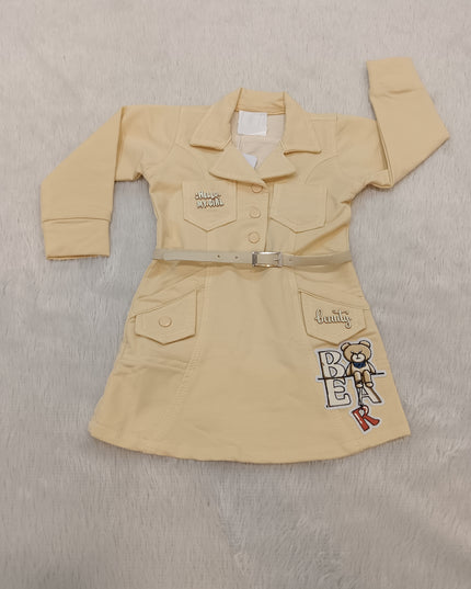 GIRLS MIDI A323 Girls Beige Belted Shirt Dress with Teddy Bear Patch | Full Sleeve Casual Dress