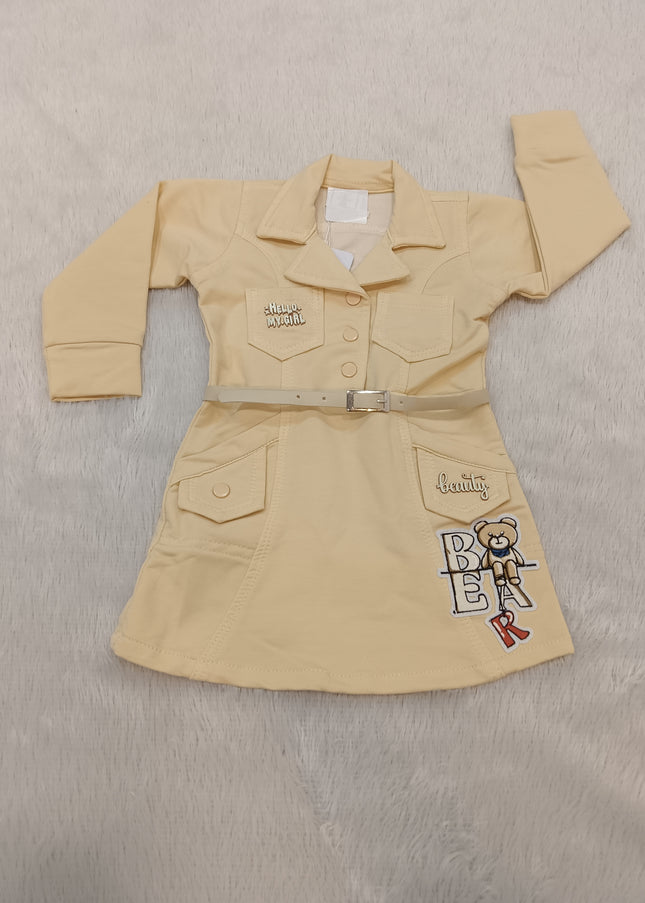 GIRLS MIDI A323 Girls Beige Belted Shirt Dress with Teddy Bear Patch | Full Sleeve Casual Dress