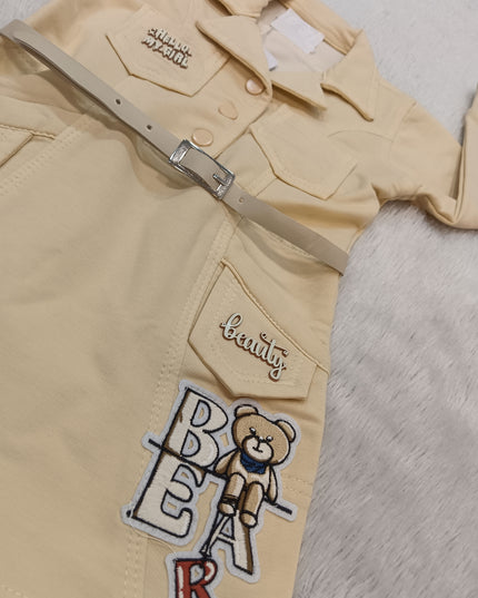 GIRLS MIDI A323 Girls Beige Belted Shirt Dress with Teddy Bear Patch | Full Sleeve Casual Dress