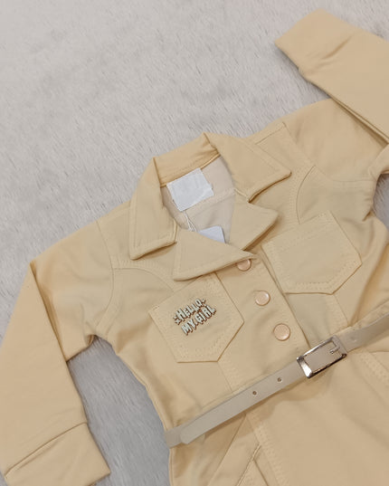 GIRLS MIDI A323 Girls Beige Belted Shirt Dress with Teddy Bear Patch | Full Sleeve Casual Dress
