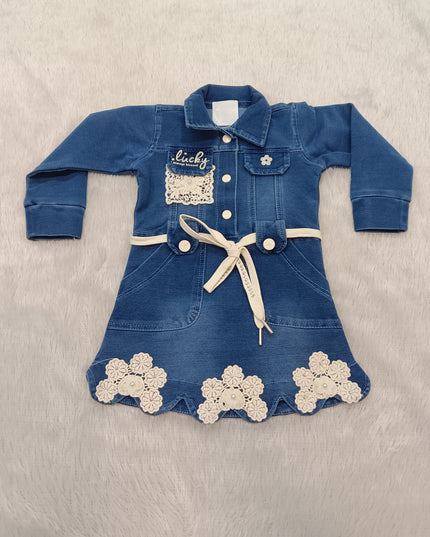 GIRLS MIDI CODE-A328 Girls Blue Denim Dress with Floral Lace Detailing & Waist Belt