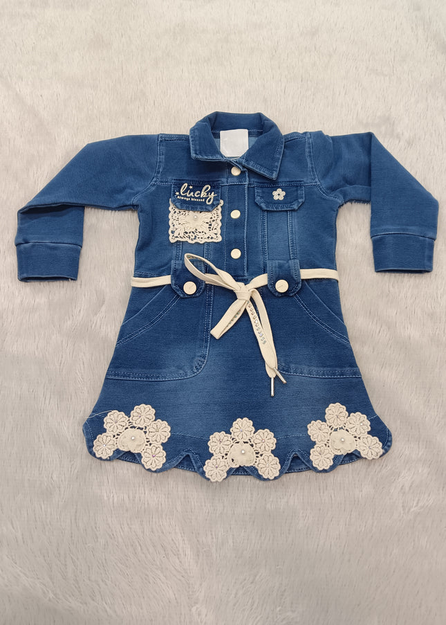 GIRLS MIDI CODE-A328 Girls Blue Denim Dress with Floral Lace Detailing & Waist Belt