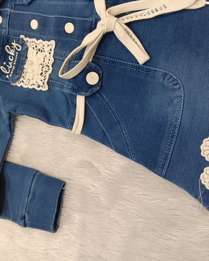 GIRLS MIDI CODE-A328 Girls Blue Denim Dress with Floral Lace Detailing & Waist Belt