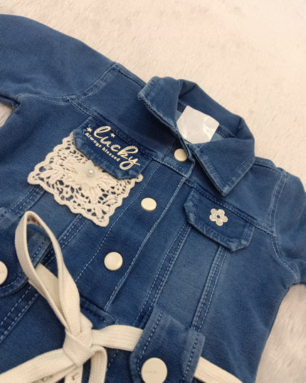 GIRLS MIDI CODE-A328 Girls Blue Denim Dress with Floral Lace Detailing & Waist Belt