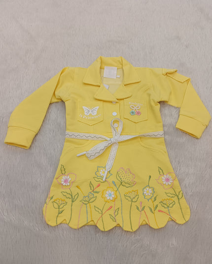 GIRLS MIDI CODE-A331 Girls Yellow Floral Embroidered Shirt Style Dress | Full Sleeve Kids Dress