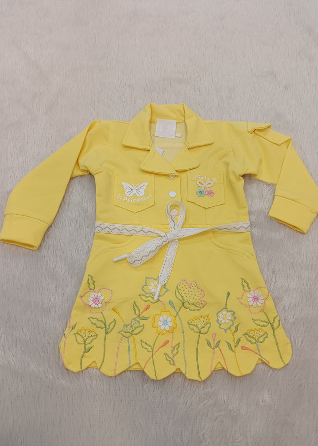 GIRLS MIDI CODE-A331 Girls Yellow Floral Embroidered Shirt Style Dress | Full Sleeve Kids Dress