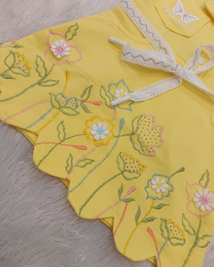 GIRLS MIDI CODE-A331 Girls Yellow Floral Embroidered Shirt Style Dress | Full Sleeve Kids Dress