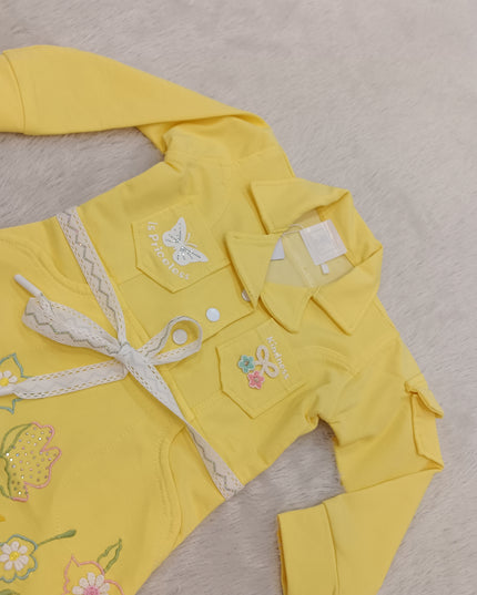 GIRLS MIDI CODE-A331 Girls Yellow Floral Embroidered Shirt Style Dress | Full Sleeve Kids Dress