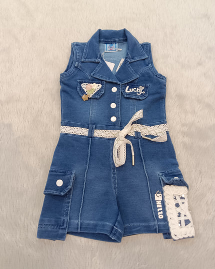 GIRLS JUMPSUIT CODE-A330 Girls Denim Romper with Lace Belt & Cargo Pockets | Stylish Casual Outfit