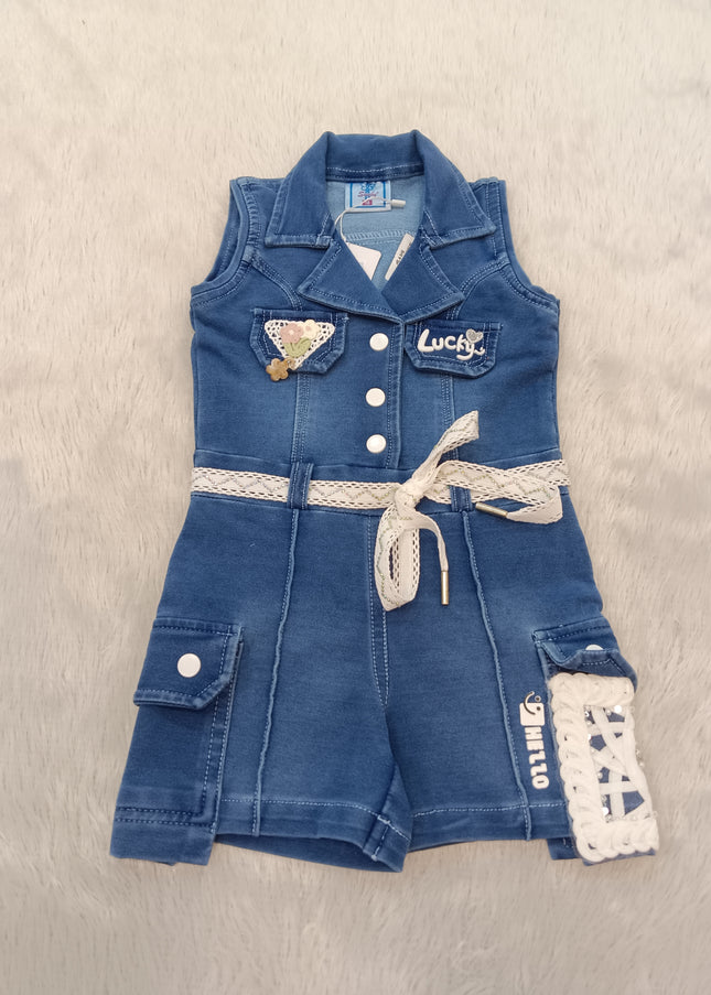 GIRLS JUMPSUIT CODE-A330 Girls Denim Romper with Lace Belt & Cargo Pockets | Stylish Casual Outfit