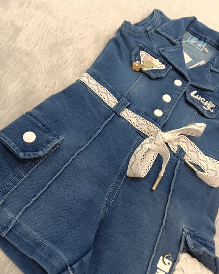 GIRLS JUMPSUIT CODE-A330 Girls Denim Romper with Lace Belt & Cargo Pockets | Stylish Casual Outfit