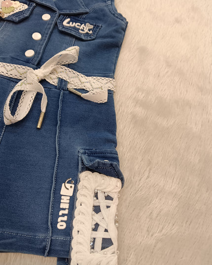 GIRLS JUMPSUIT CODE-A330 Girls Denim Romper with Lace Belt & Cargo Pockets | Stylish Casual Outfit