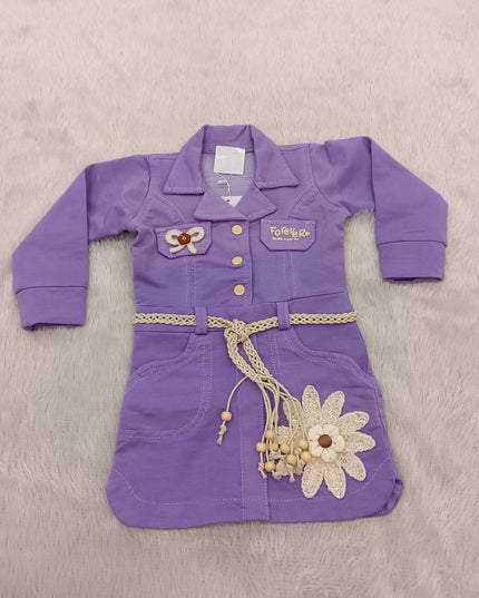 GIRLS MIDI CODE-A324 Girls Purple Embellished Shirt Style Dress with Belt | Stylish Party Wear Dress