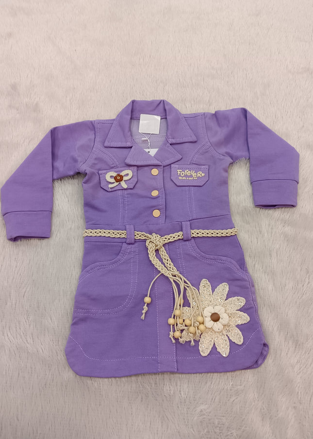 GIRLS MIDI CODE-A324 Girls Purple Embellished Shirt Style Dress with Belt | Stylish Party Wear Dress