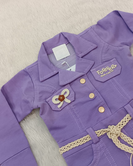 GIRLS MIDI CODE-A324 Girls Purple Embellished Shirt Style Dress with Belt | Stylish Party Wear Dress
