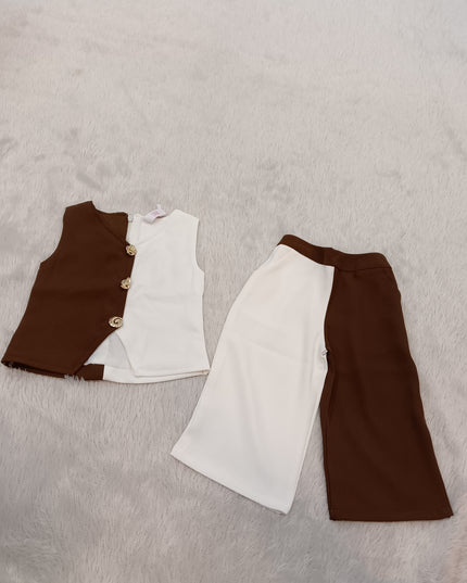 GIRLS SET CODE-A335 Girls Brown & Cream Co-Ord Set | Stylish Sleeveless Top & Wide Leg Pants