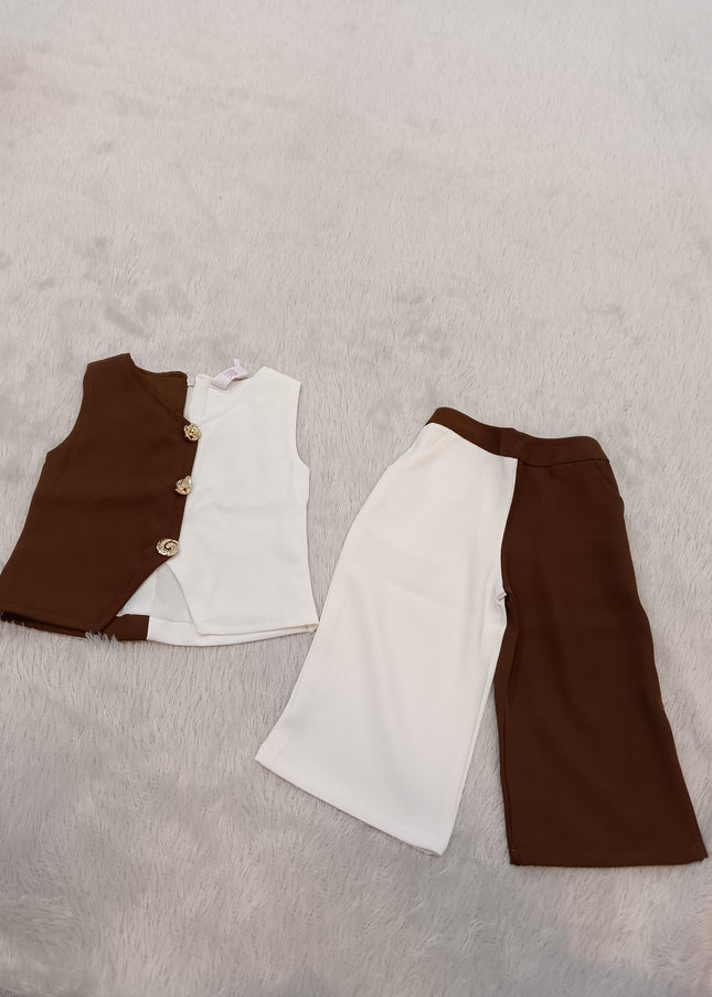 GIRLS SET CODE-A335 Girls Brown & Cream Co-Ord Set | Stylish Sleeveless Top & Wide Leg Pants