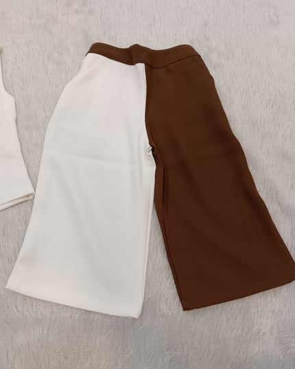 GIRLS SET CODE-A335 Girls Brown & Cream Co-Ord Set | Stylish Sleeveless Top & Wide Leg Pants