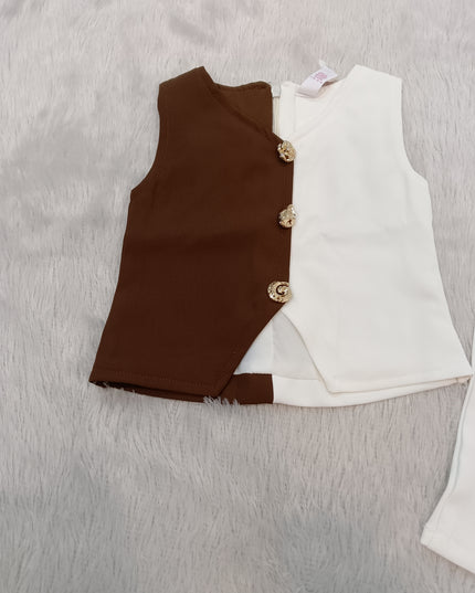 GIRLS SET CODE-A335 Girls Brown & Cream Co-Ord Set | Stylish Sleeveless Top & Wide Leg Pants