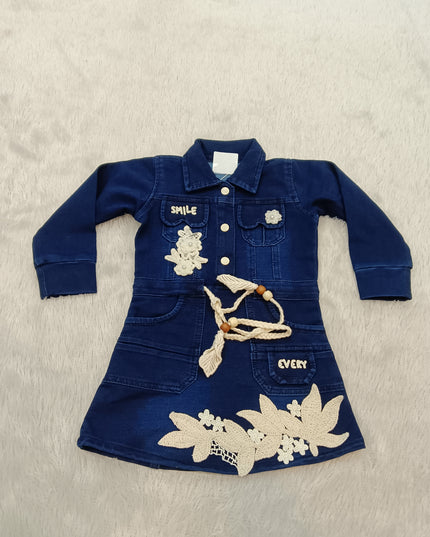 GIRLS MIDI CODE-A327 Girls Denim Shirt Dress with Floral Embroidery & Waist Tie Belt – Stylish Full Sleeve Dress