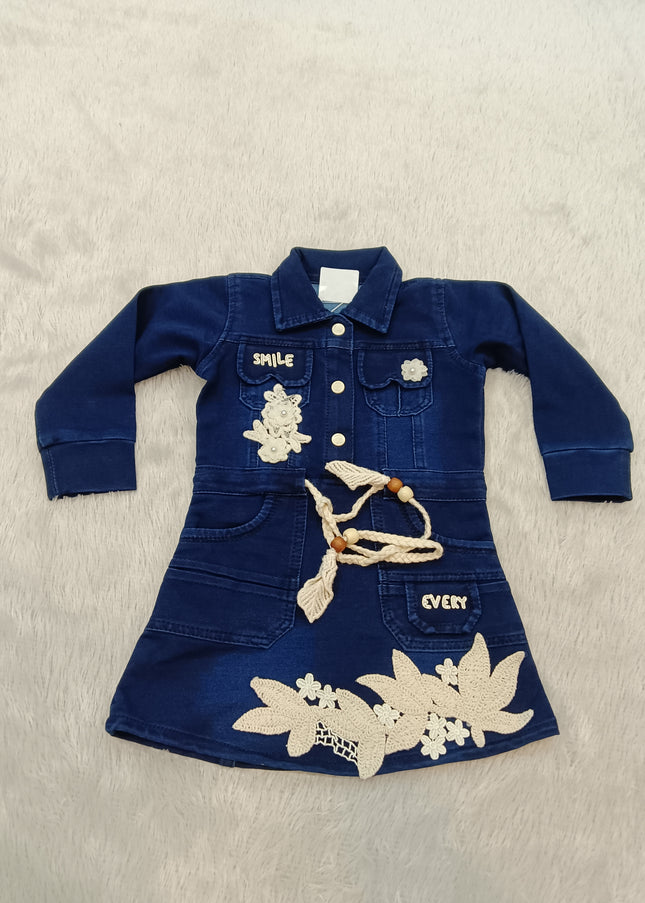 GIRLS MIDI CODE-A327 Girls Denim Shirt Dress with Floral Embroidery & Waist Tie Belt – Stylish Full Sleeve Dress