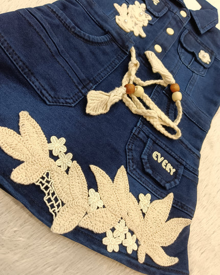 GIRLS MIDI CODE-A327 Girls Denim Shirt Dress with Floral Embroidery & Waist Tie Belt – Stylish Full Sleeve Dress