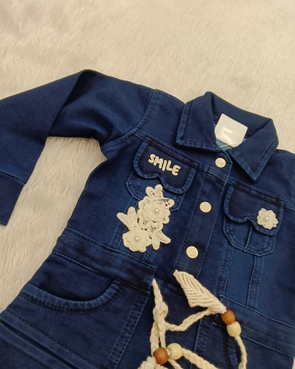 GIRLS MIDI CODE-A327 Girls Denim Shirt Dress with Floral Embroidery & Waist Tie Belt – Stylish Full Sleeve Dress