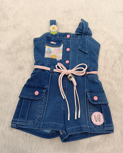 GIRLS JUMPSUIT CODE-A325 Girls Denim Romper with Pink Details | Stylish Cotton Denim Dungaree