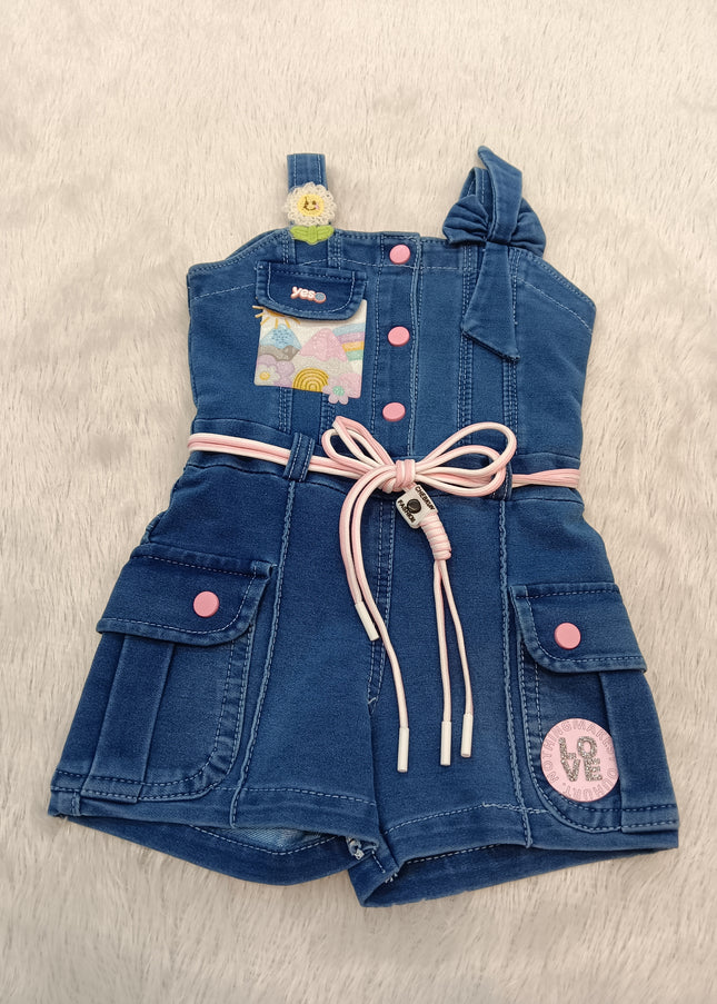 GIRLS JUMPSUIT CODE-A325 Girls Denim Romper with Pink Details | Stylish Cotton Denim Dungaree
