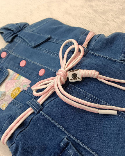 GIRLS JUMPSUIT CODE-A325 Girls Denim Romper with Pink Details | Stylish Cotton Denim Dungaree