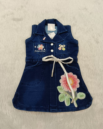 GIRLS MIDI CODE-A329 Girls Denim Dress with Floral Embroidery | Sleeveless Casual Party Dress