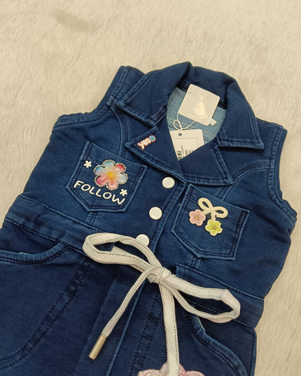 GIRLS MIDI CODE-A329 Girls Denim Dress with Floral Embroidery | Sleeveless Casual Party Dress