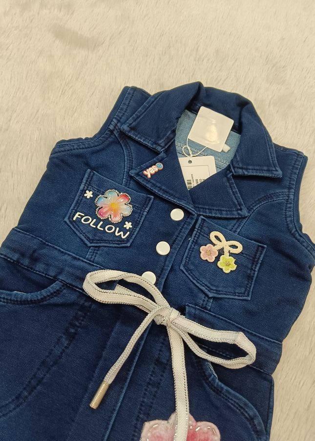 GIRLS MIDI CODE-A329 Girls Denim Dress with Floral Embroidery | Sleeveless Casual Party Dress