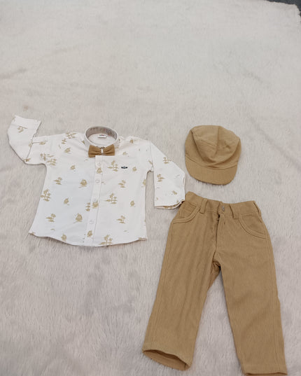 BOYS SET CORD-A309 Boys Beige Corduroy Pant, Printed Shirt, Bow Tie & Cap Party Wear Set