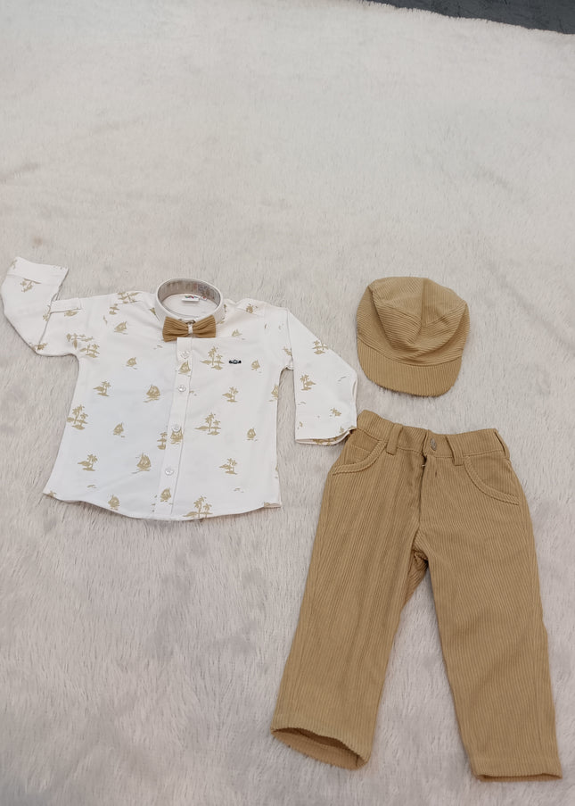 BOYS SET CORD-A309 Boys Beige Corduroy Pant, Printed Shirt, Bow Tie & Cap Party Wear Set