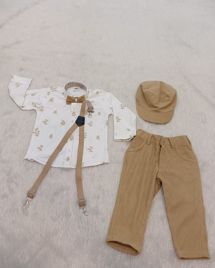 BOYS SET CORD-A309 Boys Beige Corduroy Pant, Printed Shirt, Bow Tie & Cap Party Wear Set